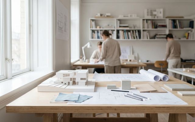 Atelier d'architecture avec maquettes et plans