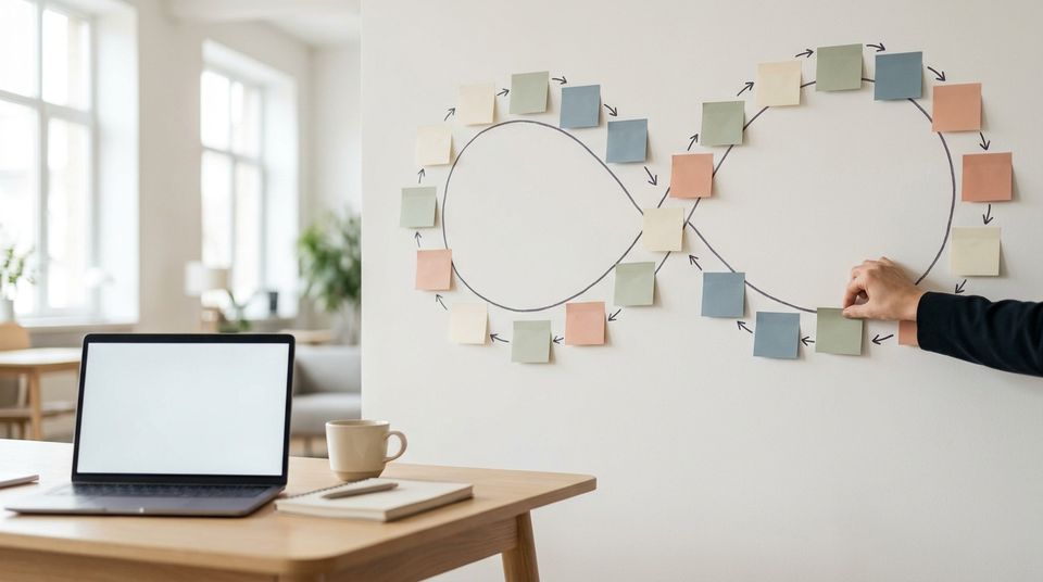 Boucle d'amélioration continue dessinée au mur avec des post-it
